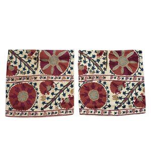 2 Pottery Barn Embroidered Floral Cotton Pillow Covers 20x20 Beige Turquoise